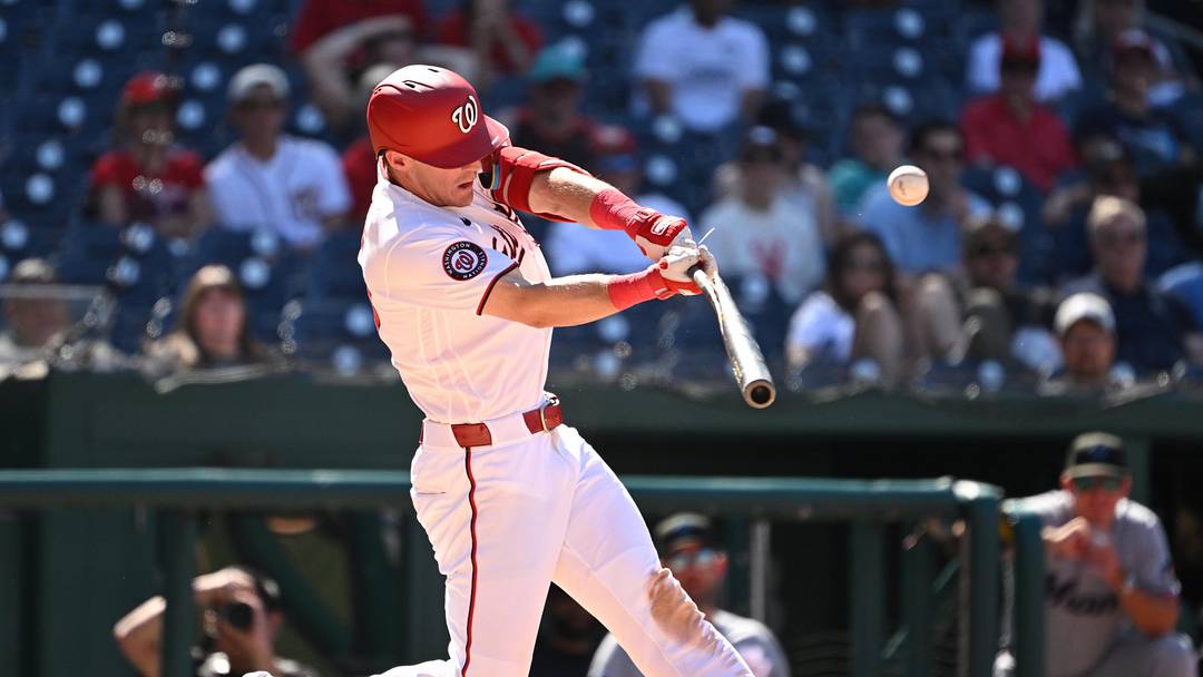 Jun 3, 2026; Washington, District of Columbia, USA; Washington Nationals center fielder Jacob Young (30) breaks his bat during swing against the Miami Marlins during the ninth inning at Nationals Park. Mandatory Credit: Rafael Suanes-Imagn Images