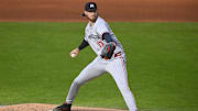 Apr 28, 2025; Cleveland, Ohio, USA; Minnesota Twins starting pitcher Bailey Ober (17) delivers a pitch in the first inning against the Cleveland Guardians at Progressive Field.
