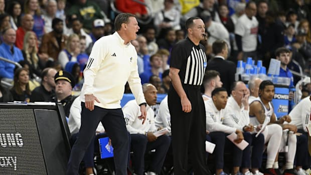 Kansas Jayhawks head coach Bill Self reacts during the first half against the Arkansas Razorbacks at Amica Mutual Pavilion.