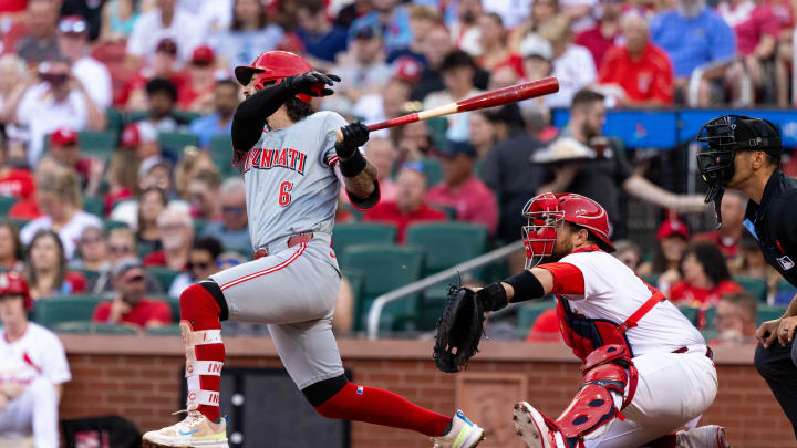 Cincinnati Reds second baseman Jonathan India (6) hits an RBI double in the second inning against the St. Louis Cardinals at Busch Stadium on June 27.