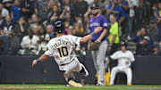 Milwaukee Brewers outfielder Sal Frelick (10) scores a run against the Colorado Rockies in the fourth inning at American Family Field. 