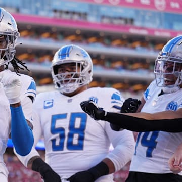 Jan 28, 2024; Santa Clara, California, USA; Detroit Lions wide receiver Jameson Williams (9) celebrates with teammates after scoring a touchdown against the San Francisco 49ers during the first half of the NFC Championship football game at Levi's Stadium. Mandatory Credit: Kyle Terada-Imagn Images