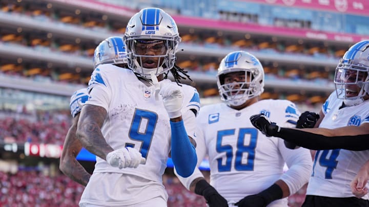 Jan 28, 2024; Santa Clara, California, USA; Detroit Lions wide receiver Jameson Williams (9) celebrates with teammates after scoring a touchdown against the San Francisco 49ers during the first half of the NFC Championship football game at Levi's Stadium. Mandatory Credit: Kyle Terada-Imagn Images