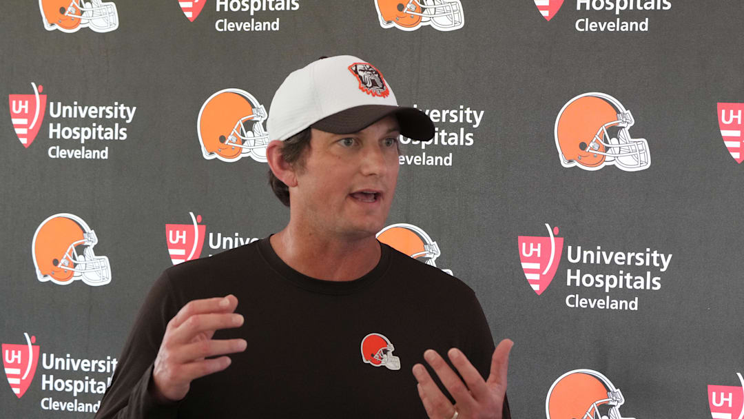 Aug 5, 2024; Cleveland Browns offensive coordinator Ken Dorsey during a press conference at the Browns training facility in Berea, Ohio.