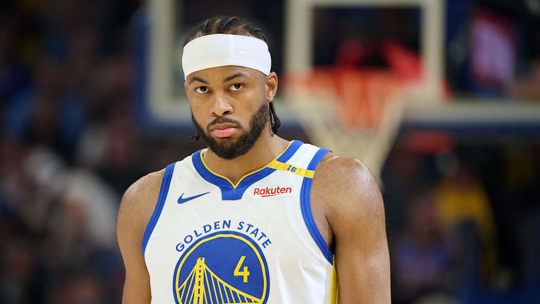 Golden State Warriors guard Moses Moody (4) walks on the court before the start of the first quarter against the LA Clippers at Chase Center. 