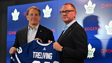 Jun 1, 2023; Toronto, Ontario, CANADA; Toronto Maple Leafs new general manager Brad Treliving is introduced by club president Brendan Shanahan (left) at a press conference at Scotiabank Arena. Mandatory Credit: Dan Hamilton-Imagn Images