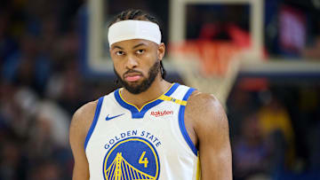 Golden State Warriors guard Moses Moody (4) walks on the court before the start of the first quarter against the LA Clippers at Chase Center. 