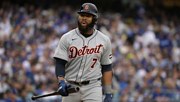 Mar 27, 2025; Los Angeles, California, USA; Detroit Tigers outfielder Manuel Margot (7) reacts after striking out against the Los Angeles Dodgers during the seventh inning at Dodger Stadium.