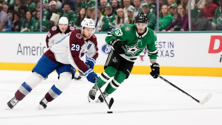 Avalanche forward Nathan MacKinnon and Stars forward Wyatt Johnston