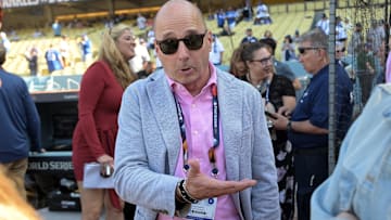 Oct 25, 2024; Los Angeles, California, USA; New York Yankees general manager Brian Cashman before game one against the Los Angeles Dodgers the 2024 MLB World Series at Dodger Stadium. Mandatory Credit: Jayne Kamin-Oncea-Imagn Images