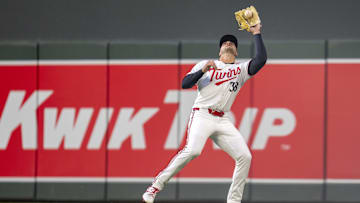 Minnesota Twins right fielder Matt Wallner catches a fly ball against the New York Mets in the fourth inning at Target Field in Minneapolis on April 14, 2025.