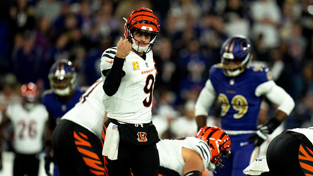 Cincinnati Bengals quarterback Joe Burrow (9) communicates with his team in the first quarter of the NFL game against the Baltimore Ravens at M&T Banks Stadium in Baltimore on Thursday, Nov. 7, 2024.