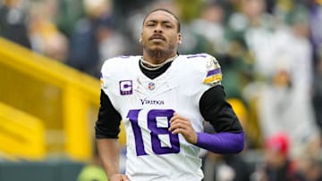 Nov 23, 2025; Green Bay, Wisconsin, USA;  Minnesota Vikings wide receiver Justin Jefferson (18) during the game against the Green Bay Packers at Lambeau Field. 
