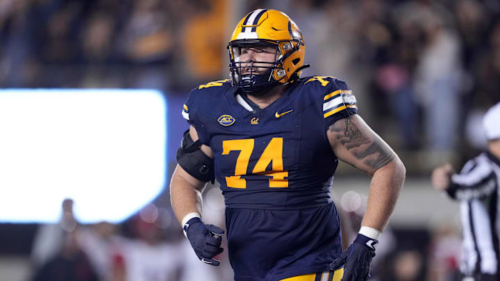 Sep 14, 2024; Berkeley, California, USA; California Golden Bears offensive lineman Matthew Wykoff (74) during the fourth quarter against the San Diego State Aztecs at California Memorial Stadium. Mandatory Credit: Darren Yamashita-Imagn Images