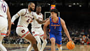 Florida Gators guard Walter Clayton Jr. dribbles the ball against Auburn Tigers forward Johni Broome during the second half in the semifinals of the men's Final Four of the 2025 NCAA Tournament at the Alamodome.