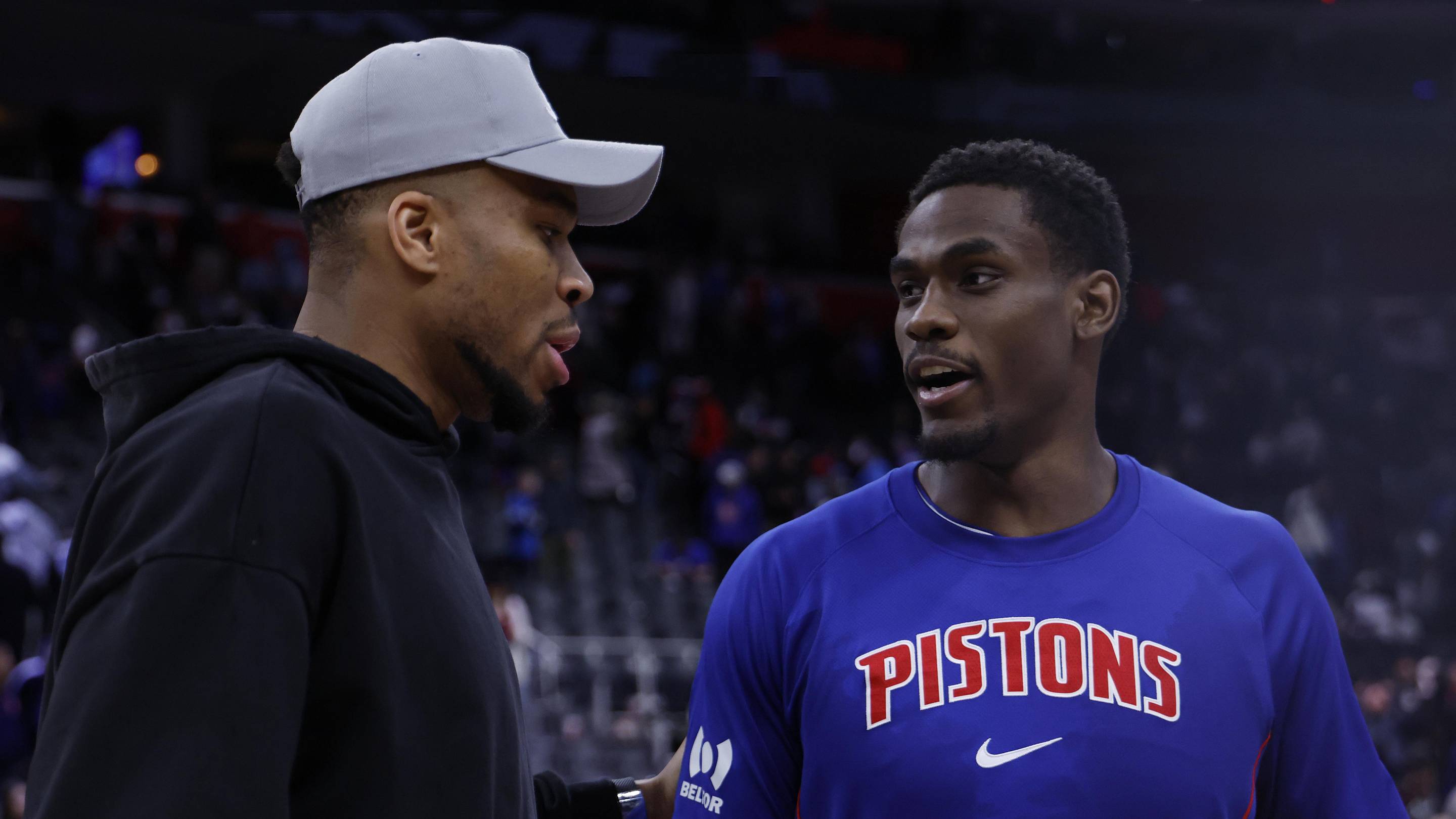 Apr 08, 2026; Detroit, Michigan, USA; Milwaukee Bucks forward Giannis Antetokounmpo speaks with Detroit Pistons center Jalen Duren after the game at Little Caesars Arena. Mandatory Credit: Rick Osentoski-Imagn Images