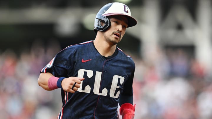 Aug 3, 2024; Cleveland, Ohio, USA; Cleveland Guardians designated hitter Steven Kwan (38) rounds third base en route to scoring during the third inning against the Baltimore Orioles at Progressive Field. Mandatory Credit: Ken Blaze-USA TODAY Sports