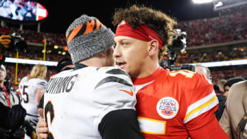 Dec 31, 2023; Kansas City, Missouri, USA; Kansas City Chiefs quarterback Patrick Mahomes (15) talks with Cincinnati Bengals quarterback Jake Browning (6) after the game at GEHA Field at Arrowhead Stadium. Mandatory Credit: Denny Medley-USA TODAY Sports