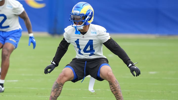 May 28, 2025; Woodland Hills, CA, USA; Los Angeles Rams cornerback Cobie Durant (14) participates in defensive drills during organized team activities at Rams Practice Facility. Mandatory Credit: Kirby Lee-Imagn Images May 28, 2025; Woodland Hills, CA, USA; Los Angeles Rams cornerback Cobie Durant (14) participates in defensive drills during organized team activities at Rams Practice Facility. Mandatory Credit: Kirby Lee-Imagn Images