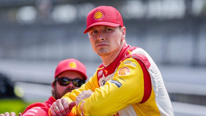 Josef Newgarden looks on during practice for the Indy 500. Josef Newgarden looks on during practice for the Indy 500.