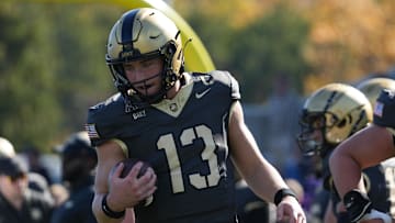 Oct 19, 2024; West Point, New York, USA; Army Black Knights quarterback Bryson Daily (13) warms up before the game against the East Carolina Pirates at Michie Stadium.