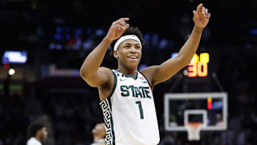 Mar 21, 2025; Cleveland, OH, USA; Michigan State Spartans guard Jeremy Fears Jr. (1) reacts in the second half against the Bryant University Bulldogs during the NCAA Tournament First Round at Rocket Mortgage Fieldhouse. Mandatory Credit: Rick Osentoski-Imagn Images