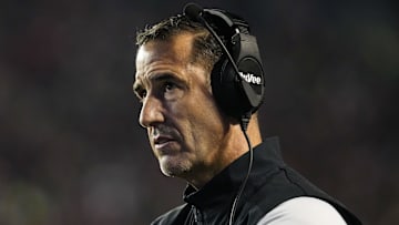 Nov 16, 2024; Madison, Wisconsin, USA;  Wisconsin Badgers head coach Luke Fickell looks on during the first quarter against the Oregon Ducks at Camp Randall Stadium. Mandatory Credit: Jeff Hanisch-Imagn Images