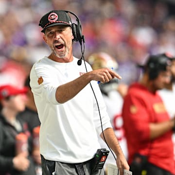 Sep 15, 2024; Minneapolis, Minnesota, USA; San Francisco 49ers head coach Kyle Shanahan reacts during the fourth quarter against the Minnesota Vikings U.S. Bank Stadium. Mandatory Credit: Jeffrey Becker-Imagn Images