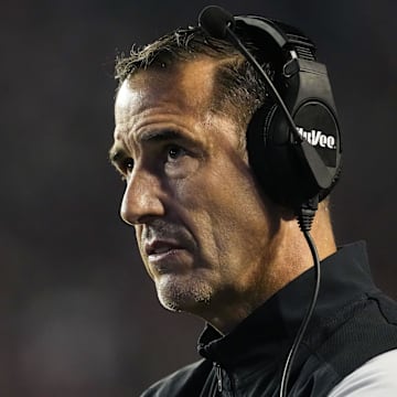 Nov 16, 2024; Madison, Wisconsin, USA;  Wisconsin Badgers head coach Luke Fickell looks on during the first quarter against the Oregon Ducks at Camp Randall Stadium.