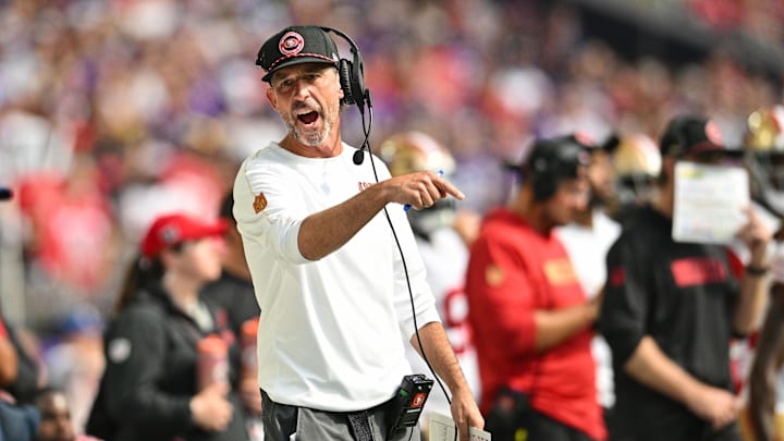 Sep 15, 2024; Minneapolis, Minnesota, USA; San Francisco 49ers head coach Kyle Shanahan reacts during the fourth quarter against the Minnesota Vikings U.S. Bank Stadium. Mandatory Credit: Jeffrey Becker-Imagn Images