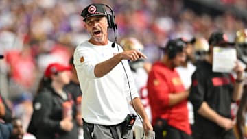 Sep 15, 2024; Minneapolis, Minnesota, USA; San Francisco 49ers head coach Kyle Shanahan reacts during the fourth quarter against the Minnesota Vikings at U.S. Bank Stadium.