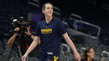 Jun 19, 2025; San Francisco, California, USA; Indiana Fever guard Caitlin Clark (22) before the game against the Golden State Valkyries at Chase Center. Mandatory Credit: Darren Yamashita-Imagn Images
