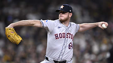 Sep 16, 2024; San Diego, California, USA; Houston Astros relief pitcher Caleb Ferguson (64) pitches against the San Diego Padres during the eighth inning at Petco Park. Mandatory Credit: Orlando Ramirez-Imagn Images
