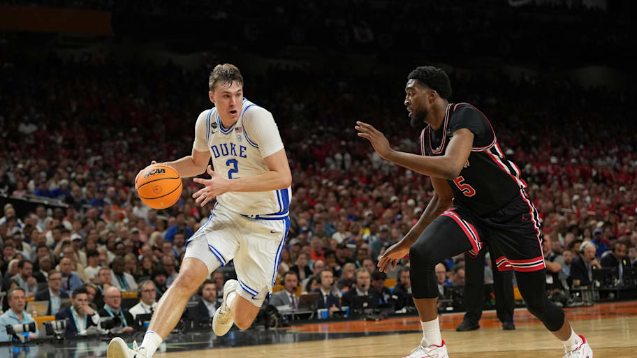 Cooper Flagg dribbles the ball against Houston during the men's Final Four.