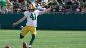 Green Bay Packers place kicker Mark McNamee (41) is shown during a joint practice with the Seattle Seahawks Thursday, August 21, 2025 in Green Bay, Wisconsin.