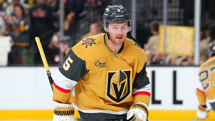 Apr 21, 2026; Las Vegas, Nevada, USA; Vegas Golden Knights defenseman Jeremy Lauzon (5) warms up before a game against the Utah Mammoth in game two of the first round of the 2026 Stanley Cup Playoffs at T-Mobile Arena. Mandatory Credit: Stephen R. Sylvanie-Imagn Images