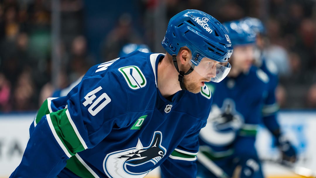 Jan 25, 2026; Vancouver, British Columbia, CAN; Vancouver Canucks forward Elias Pettersson (40) prepares for a face off against the Pittsburgh Penguins in the third period at Rogers Arena. Mandatory Credit: Bob Frid-Imagn Images