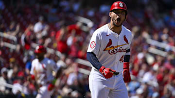 Aug 22, 2024; St. Louis, Missouri, USA;  St. Louis Cardinals catcher Willson Contreras (40) reacts after drawing a walk with the bases loaded against the Milwaukee Brewers during the seventh inning at Busch Stadium. Mandatory Credit: Jeff Curry-Imagn Images