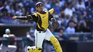 Mar 26, 2024; San Diego, California, USA; San Diego Padres catcher Ethan Salas (88) throws to first base during the ninth inning against the Seattle Mariners at Petco Park. Mandatory Credit: Orlando Ramirez-Imagn Images
