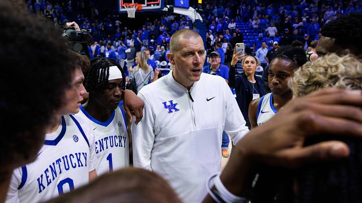 Oct 24, 2025; Lexington, KY, USA; Kentucky Wildcats head coach Mark Pope huddles up with his team after the game against the Purdue Boilermakers at Rupp Arena at Central Bank Center. Mandatory Credit: Jordan Prather-Imagn Images