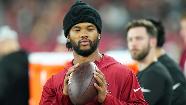 Aug 10, 2024; Glendale, Arizona, USA; Arizona Cardinals quarterback Kyler Murray throws on the sideline against the New Orleans Saints during the second half at State Farm Stadium. Mandatory Credit: Joe Camporeale-USA TODAY Sports