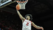 Feb 23, 2025; Piscataway, New Jersey, USA; Rutgers Scarlet Knights guard Dylan Harper (2) dunks the ball during the second half against the USC Trojans at Jersey Mike's Arena. Mandatory Credit: John Jones-Imagn Images