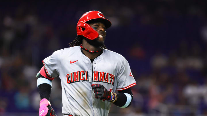 Cincinnati Reds shortstop Elly De La Cruz (44) circles the bases after hitting a solo home run against the Miami Marlins during the eighth inning at loanDepot Park on Aug 5.