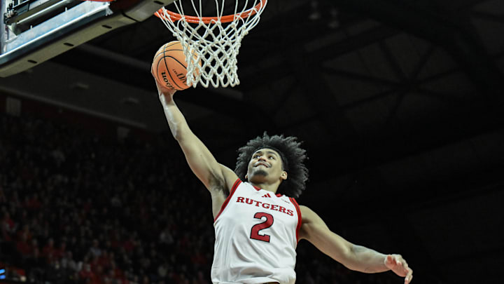Feb 23, 2025; Piscataway, New Jersey, USA; Rutgers Scarlet Knights guard Dylan Harper (2) dunks the ball during the second half against the USC Trojans at Jersey Mike's Arena. Mandatory Credit: John Jones-Imagn Images