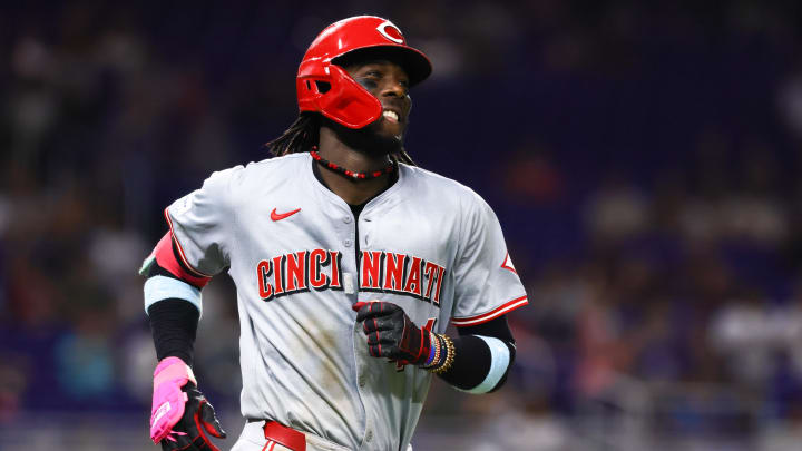 Aug 5, 2024; Miami, Florida, USA; Cincinnati Reds shortstop Elly De La Cruz (44) circles the bases after hitting a solo home run against the Miami Marlins during the eighth inning at loanDepot Park. Mandatory Credit: Sam Navarro-USA TODAY Sports