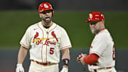 Oct 8, 2022; St. Louis, Missouri, USA; St. Louis Cardinals designated hitter Albert Pujols (5) reacts after his single in the eighth inning against the Philadelphia Phillies during game two of the Wild Card series for the 2022 MLB Playoffs at Busch Stadium. Mandatory Credit: Jeff Curry-Imagn Images
