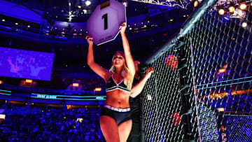 Ring girl pictured during UFC 289 at Rogers Arena.