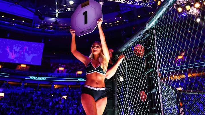 Ring girl pictured during UFC 289 at Rogers Arena.