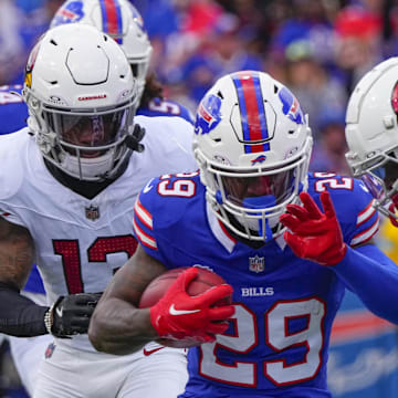 Sep 8, 2024; Orchard Park, New York, USA; Arizona Cardinals cornerback Max Melton (16) tackles Buffalo Bills cornerback Dee Delaney (29) returning a kicks off during the first half at Highmark Stadium. Mandatory Credit: Gregory Fisher-Imagn Images