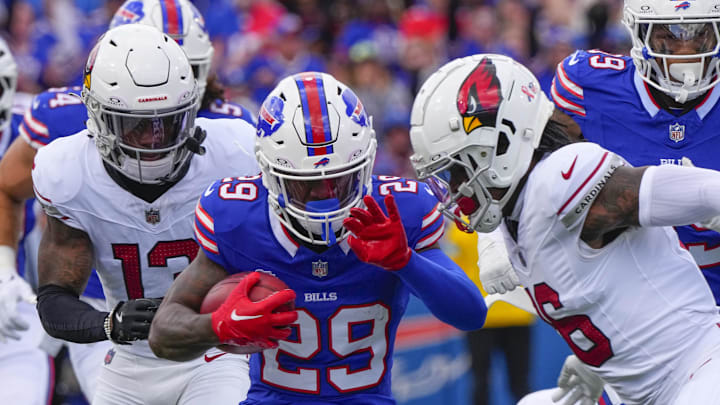 Sep 8, 2024; Orchard Park, New York, USA; Arizona Cardinals cornerback Max Melton (16) tackles Buffalo Bills cornerback Dee Delaney (29) returning a kicks off during the first half at Highmark Stadium. Mandatory Credit: Gregory Fisher-Imagn Images